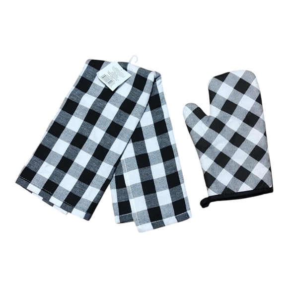 Lot of 2 - Trueliving Kitchen Towel & Oven Mitt Black White Checkered Cotton New - Picture 1 of 16